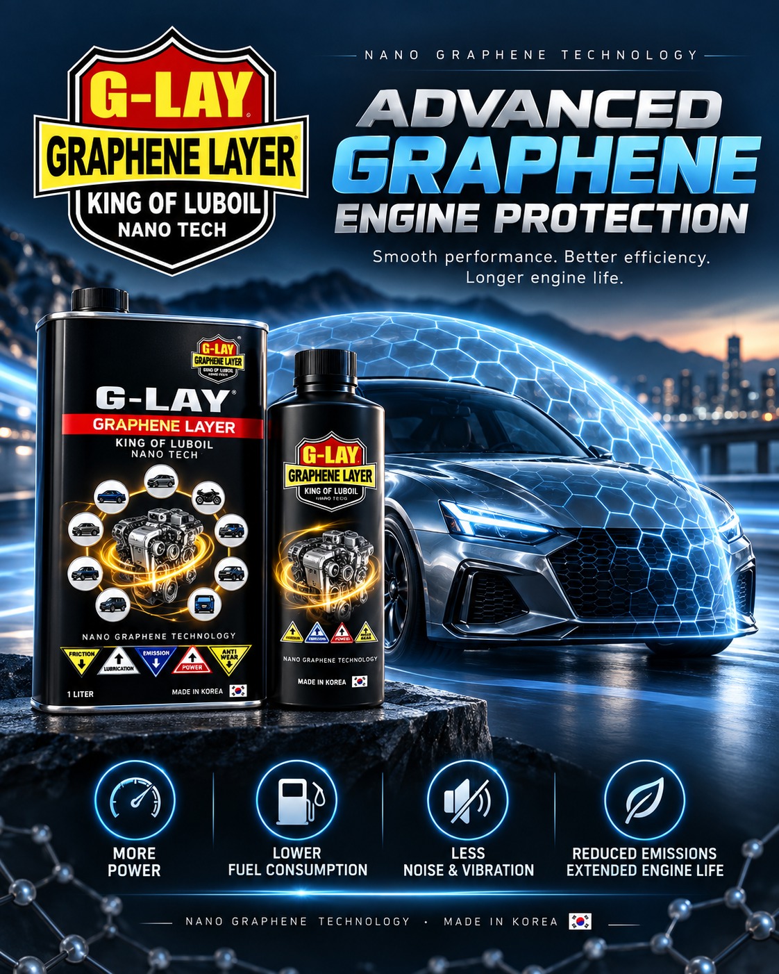 G-LAY Advanced Graphene Engine Protection — more power, lower fuel consumption, less noise and vibration