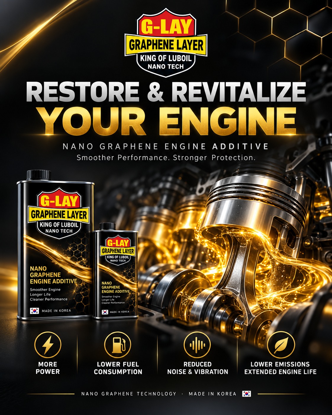 G-LAY Restore & Revitalize Your Engine — nano graphene engine additive for smoother performance and stronger protection